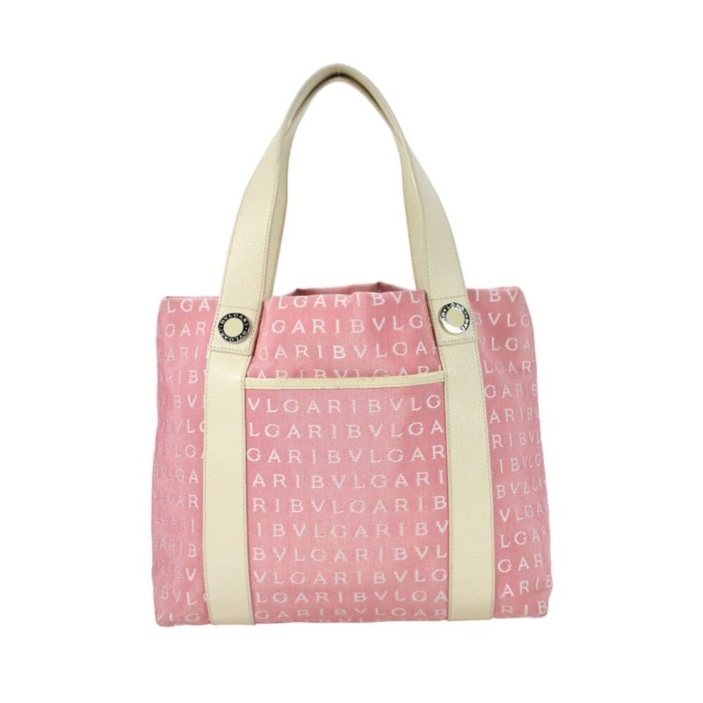 Bvlgari Womens Double Handle Canvas Logomania Tote Handbag Pink White